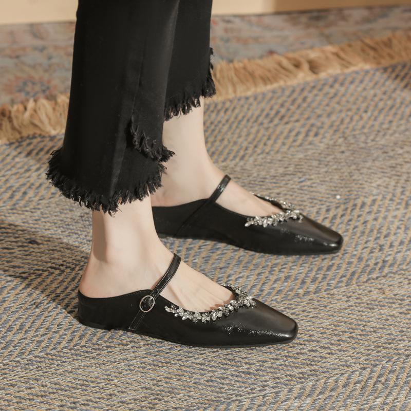 Cowhide version~ inner height increase 3CM pointed head silver rhinestone bag head half slippers women's shoes outer wear 2025 spring and summer metho