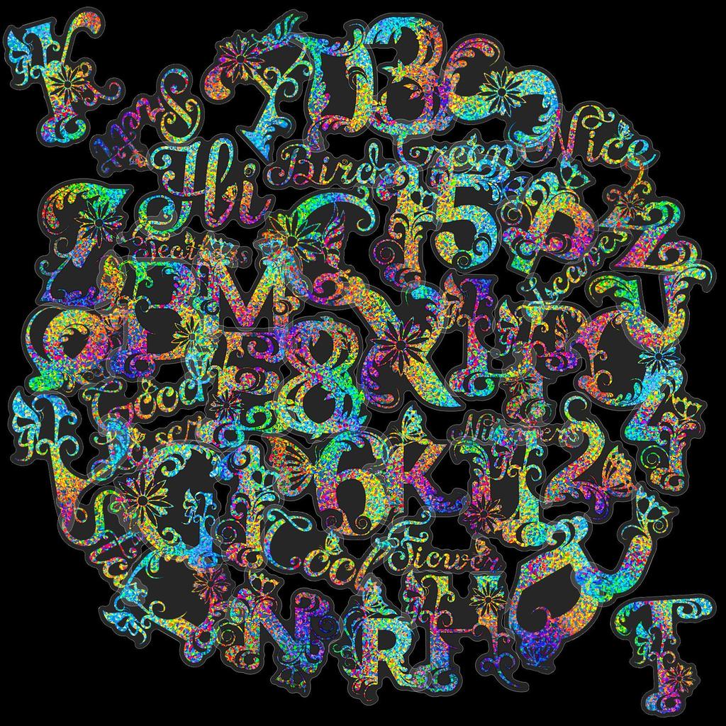 50 Silver Laser Digital Letter Stickers Hand Note Gu Card Stream PET Three-dimensional Laser Silver Colorful Stickers