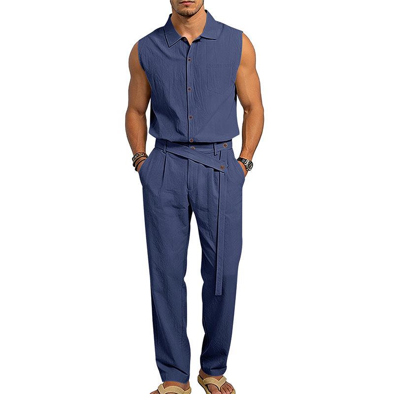 Men's European Summer Linen Sleeveless Shirt & Long Pants Set - Breathable & Trendy Two-Piece