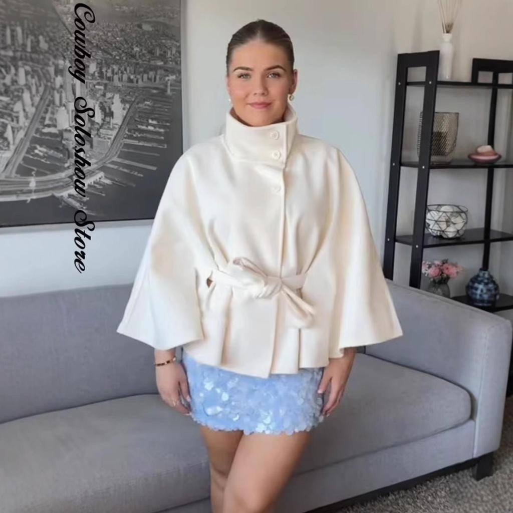 2025 Women's Fashion Loose Stand-Up Collar Bathrobe-Style Belted Coat - European & American Style