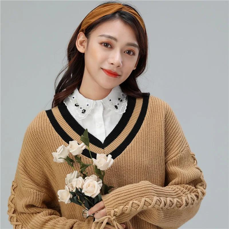 Perfect Match Korean Women'S Shirt False Collars Autumn Rhinestone White Cotton Fake Collar Decoration Ladies Half-Shirt Detachable Collars