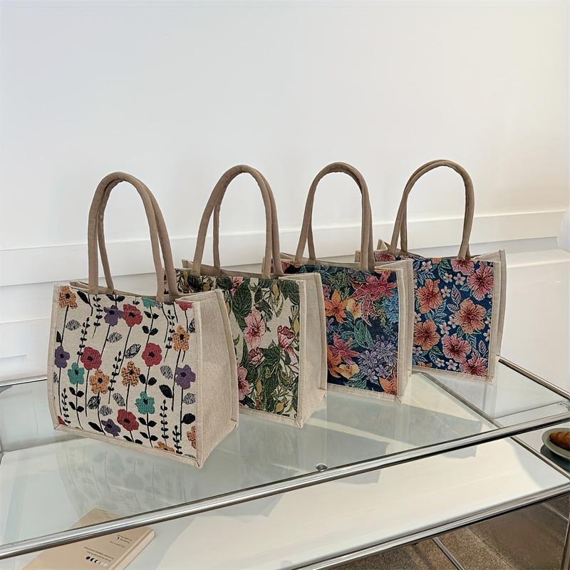 Simple and Fashionable Linen Flower Printing Handbag Women Fashion Commuter Shoulder Bags Tote Bag
