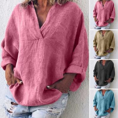 V Yaka Devrik Yaka Büyük Beden Vintage Üst Düz Renk Uzun Kollu