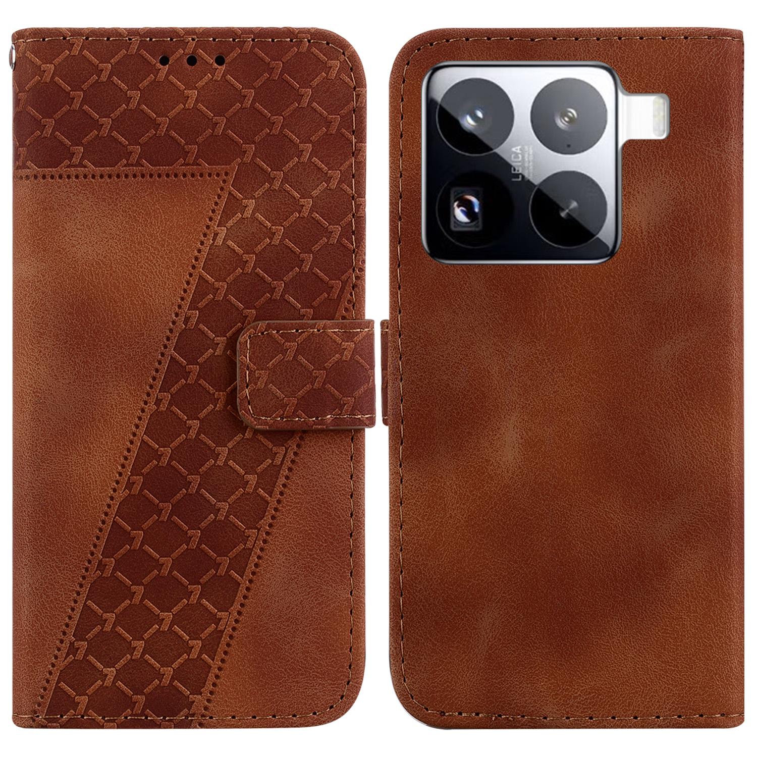 

For Xiaomi 15 Pro Stand Case 7-Shaped Pattern Imprint Leather Phone Cover Brown