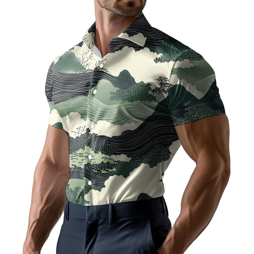 Men's Fashion Printed Satin Short Sleeve Shirt Top
