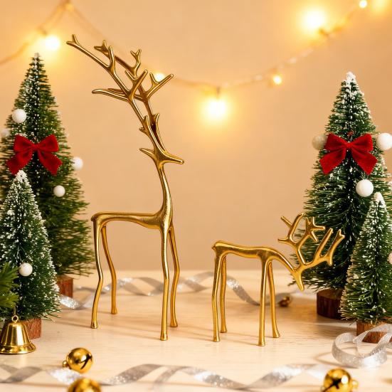 Minimalist Reindeer Statue Artistic Alloy Deer Sculpture Modern Abstract Golden Reindeer Ornament for Christmas
