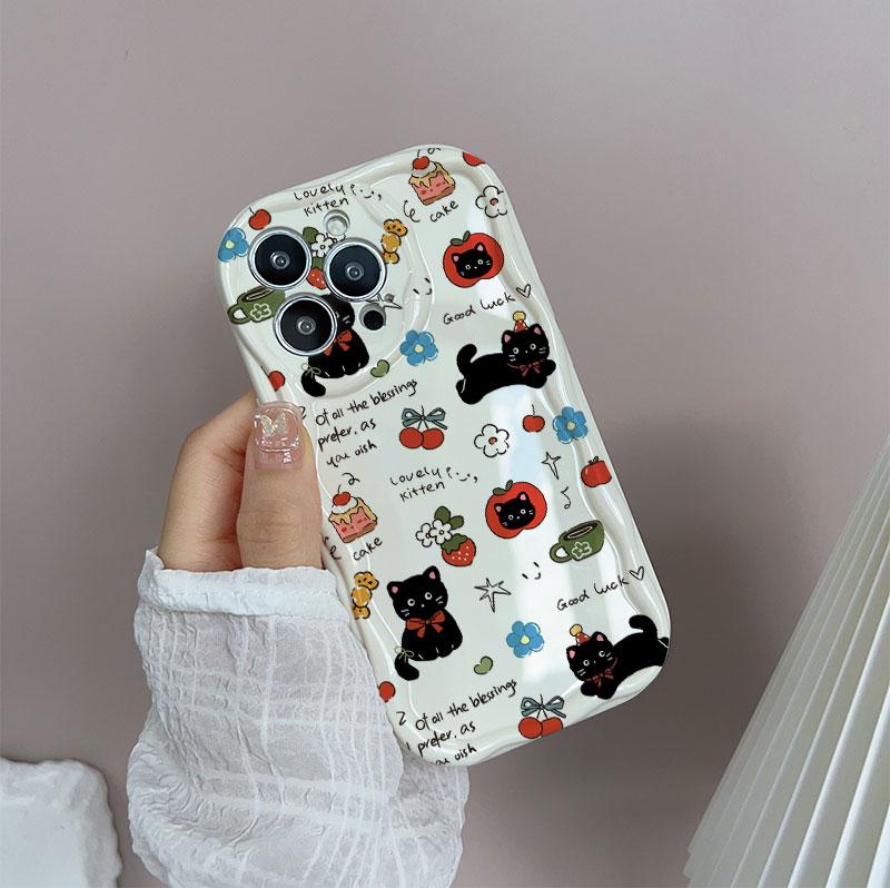 Cute Cat With Apple Fruit Chain Case For Google PIXEL 7 8 9 10 Pro XL 7A 8A Soft Silicone Wave Side Cartoon Cover
