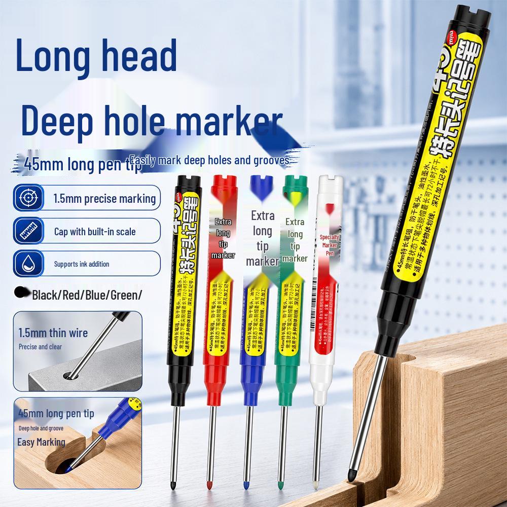45mm Deep Hole Marker Pen for Woodworking & Metalworking - Multi-Color, Long Tip, Waterproof, Oil-Based, with Scale.
