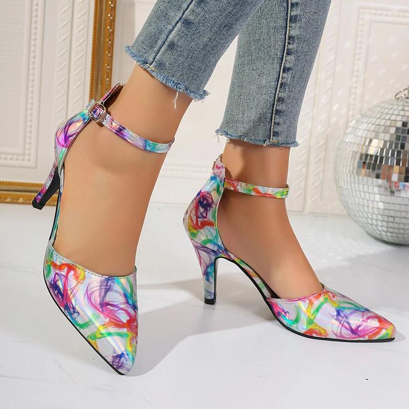 Fashion Ladies Shoes Fashion Ankle Strap Women Pumps Spring Pointed Toe Shallow Mixed Colors Buckle Dress Stilettos or Thin Heels Shoes