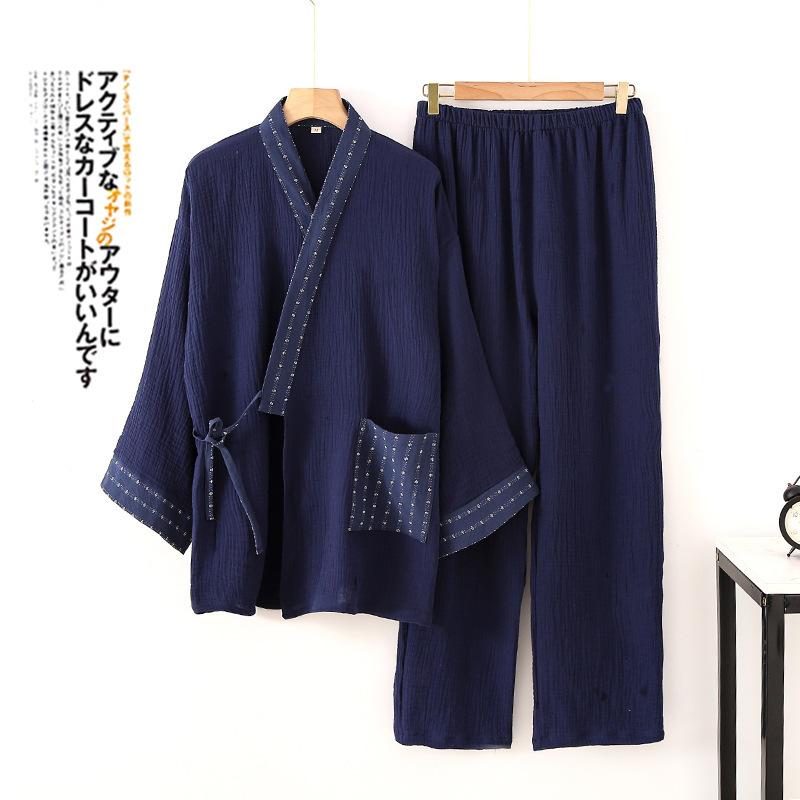 Pure Cotton Mens Pajamas Set Japanese Kimono Plus Size Long Sleeve Pant Suit Casual Comfortable Home Service Two-piece Sleepwear