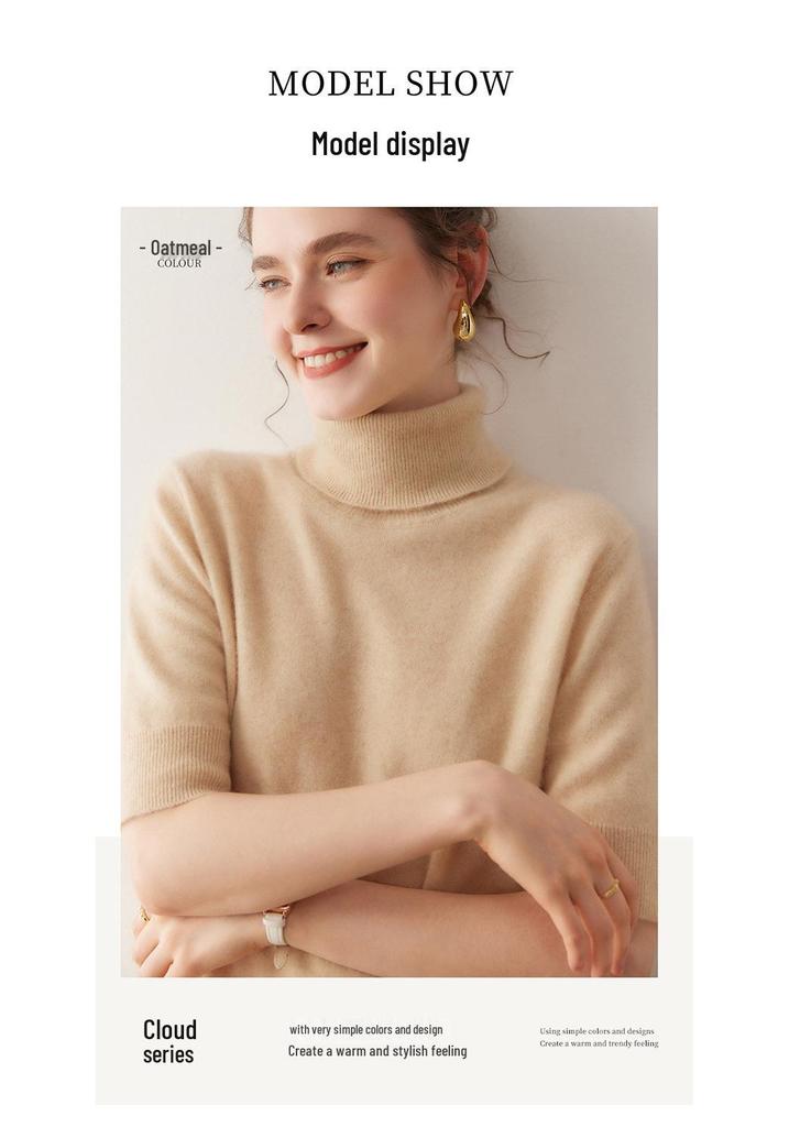 2025 Autumn/Winter Cashmere Loose Knit Top with Half-High Neck & Five-Point Sleeves