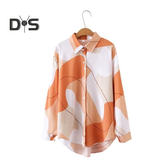 

Женская рубашка с лацканами, длинный рукав, однобортная рубашка, свободный крой, подходящая по цвету офисная женская рубашка, повседневная одежда L темно-оранжевого