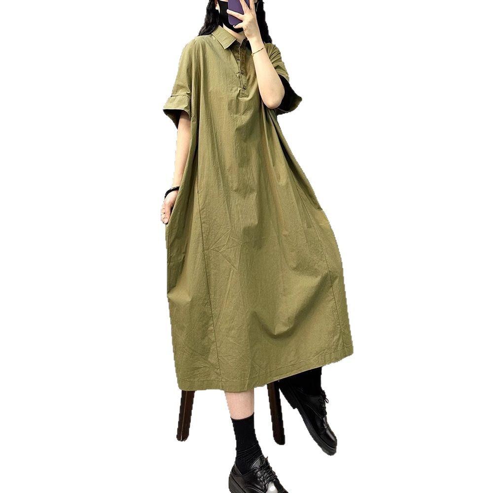 Lapel Short-sleeved Casual Dress Women's 2025 New Summer Large Size Loose Temperament Fashion Solid Color Medium and Long Dress
