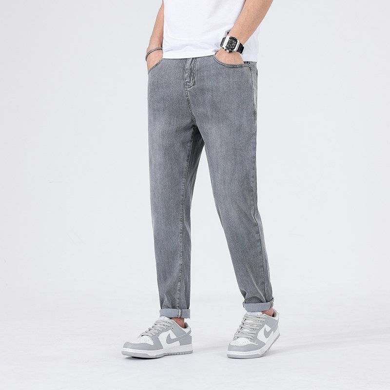 Men s Summer Thin Tencel Cool Denim Jeans, Trendy Straight Slim Fit Ice Silk Casual Stylish Long Pants Grey Thirty-one