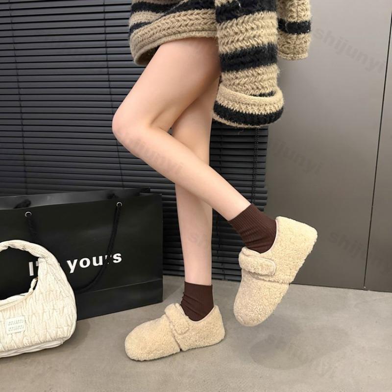 Women Flats Shoes 2026 Autumn Winter Comfort Soft Sole Mary Jane Shoes Outdoor Retro Warm Plush Cotton Shoes Zapatos Mujer