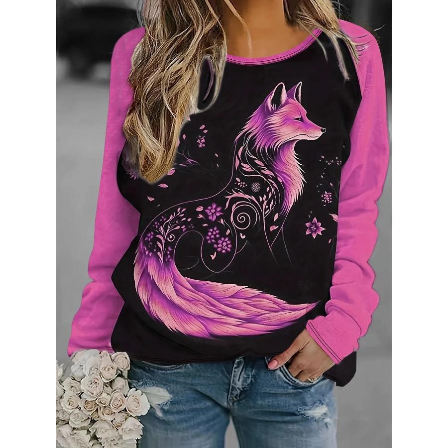 Women's 2024 Sleeves Stitching Fox Print Round Neck Long Sleeve Party Autumn Casual Pullover 3d Printing Casual Fashion Tops