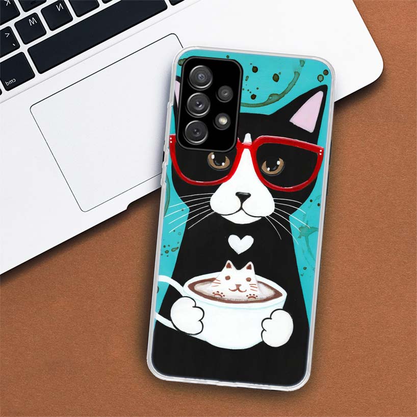 Latte Kávový Mléčný Nápoj Kočka Pouzdro na Telefon Pro Samsung Galaxy A53 A52 A73 A72 A12 5G A13 A22 A23 A32 A33 A02S A03S A42 A43 A50S Coqu