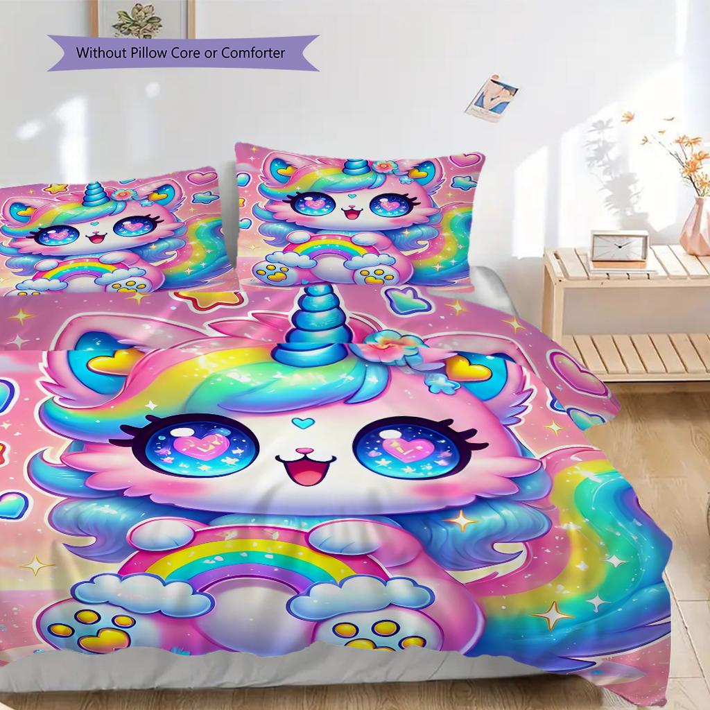 Cartoon cute fantasy unicorn bedding, duvet cover, pillowcase, home decoration, birthday gift (1 * duvet cover+2 * pillowcase, coreless)