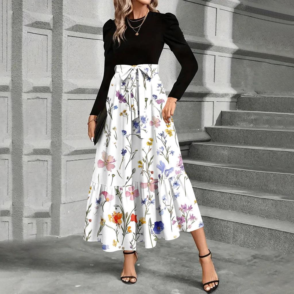 Modisches und elegantes Kleid mit Blumendruck und hoher Taille für Damen