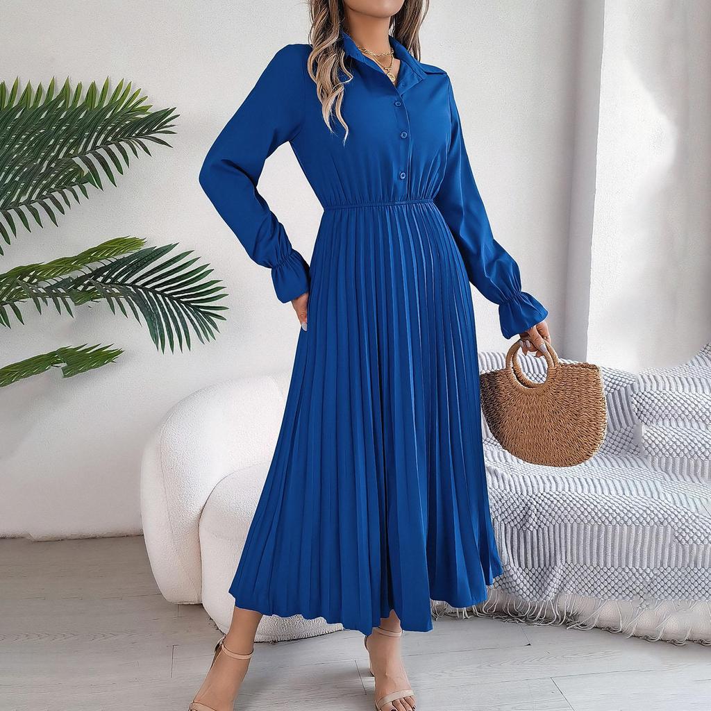 Spring Summer Women Long Sleeve Solid Pleated High Waist A Line V-Neck Long Dress