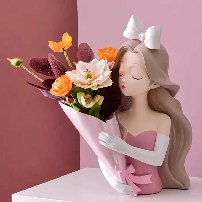 Top Quality 1Pc Bow Girl Flower Pot Silicone Mold DIY Lady Portrait Holding Flowers Resin Home Decoration Handmade Plaster Mold