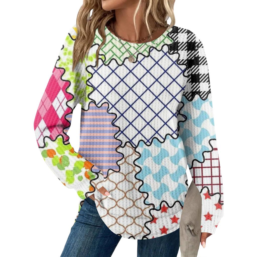 Dámský kostkovaný top s kulatým výstřihem, dlouhým rukávem, ležérního volného střihu