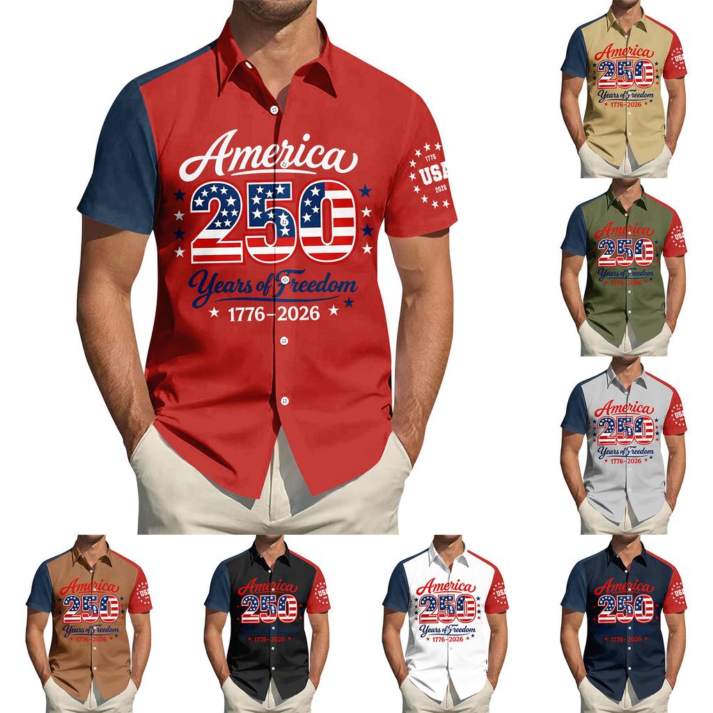 Top da Uomo Stampato per il Giorno dell'Indipendenza con Colletto Camicia Casual Sportiva a Maniche Corte da Uomo