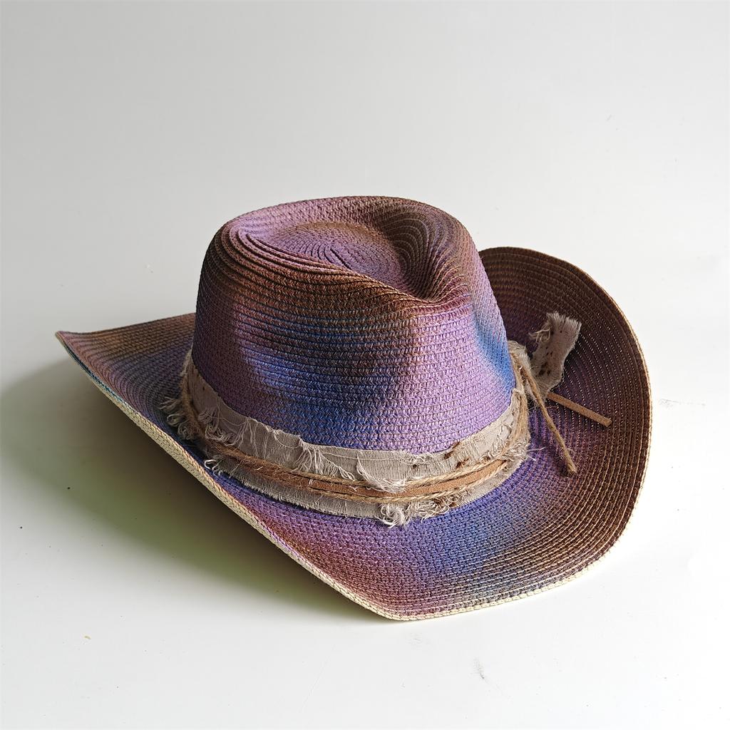 Painted Tie-Dye Cowboy Hat Unisex Sun Hat Wide-Brimmed Malleable Straw Woven Western Cowboy Hat Music Club Party Holiday Hat