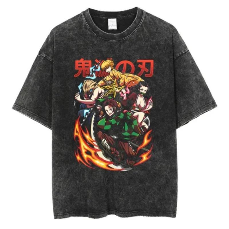 2026 Anime Demon Slayer Retro Gewaschenes T-Shirt Herren und Damen Sommer Weiche Kleidung Atmungsaktiv Mode Top Streetwear Peripheres Tee XXL rot