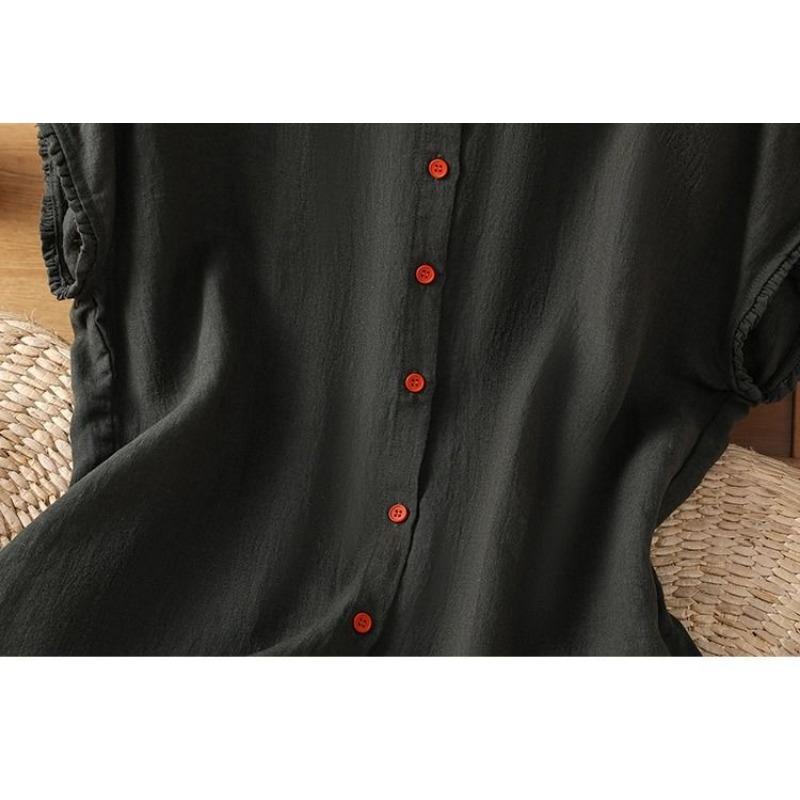 Women Solid Color Ruffle Linen Cotton Shirt Casual Cap Sleeve Breathable Summer Blouse
