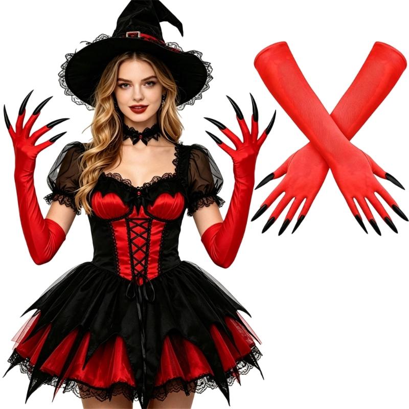 Guanti Lunghi di Halloween con Dita Appuntite e Tessuto Elasticizzato per Look da Palco, Giochi di Ruolo e Styling Fotografico