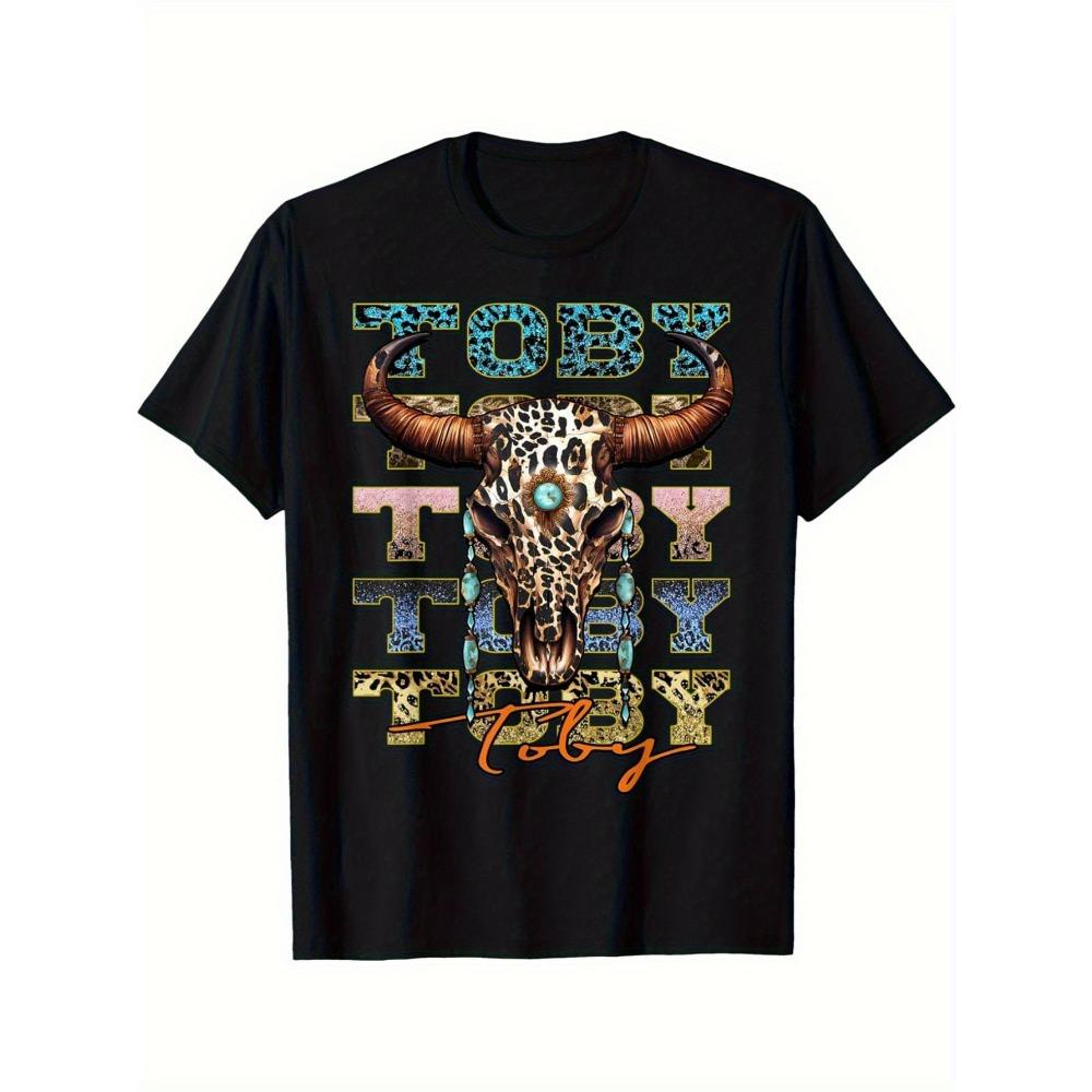 

Мужская футболка в ретро-стиле, с коротким рукавом, с круглым вырезом, повседневная, в западном стиле, черная с разноцветным принтом коров и леопардов S