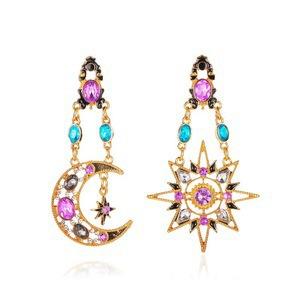 Vintage Baroque Asymmetric Sun Moon Earrings With Rhinestones Exaggerated Statement Studs For Women Fashion Jewelry