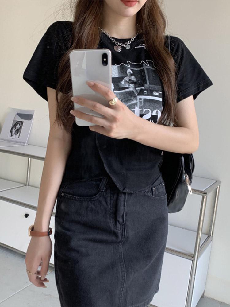 T-shirt Estiva Elegante Slim Stile Coreano Donna Moda Manica Corta Maglietta Grafica Top Femminile Design Y2k Streetwear Abbigliamento Casual