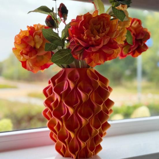3D Printed Red Gold Flower Vase Sculptural Wave Geometric Textured Decorative Ripple Vase Modern Boho Home Decor for Coffee Table Shelf Entryway