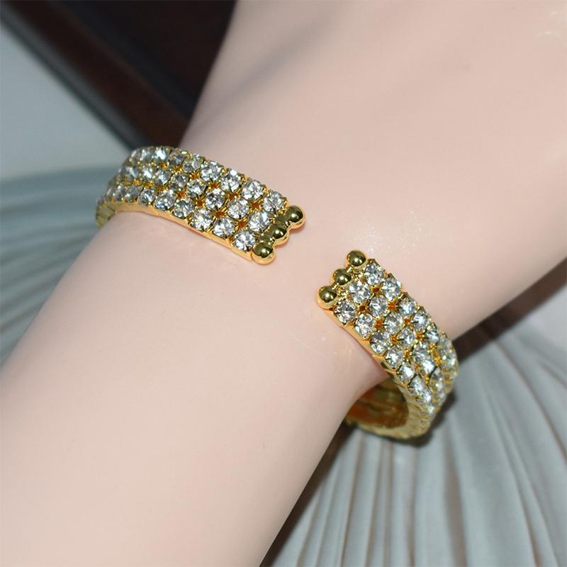 Multi-Row Rhinestones Bridal Wedding Bangles Gold/Silver Color Crystal Open Bracelet Women Wristband Elastic Jewelry