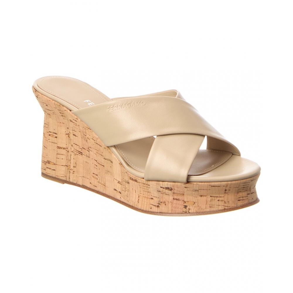 Salvatore Ferragamo Ant Leather Wedge Sandal Beige