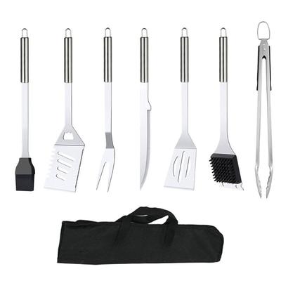 Premium Stainless Steel BBQ Tool Set with Bag 7-Piece Barbecue Utensil Kit with Fork Tongs Spatula Knife and Skewers for Outdoor Grilling