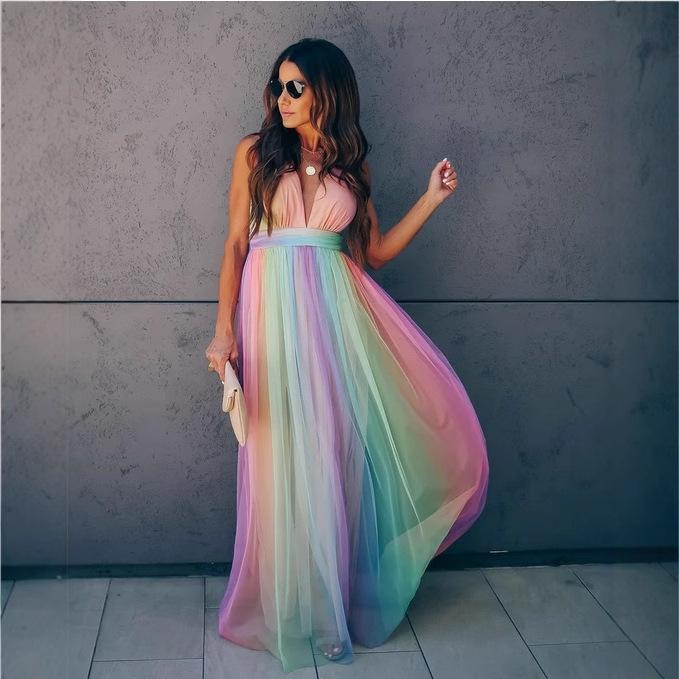 

Spring/Summer European & American Women s Deep V Rainbow Mesh Dress L