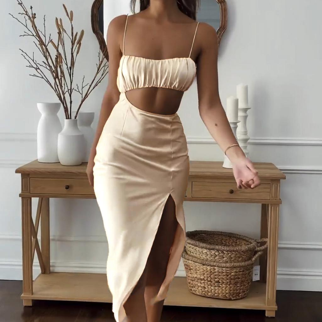 New suspender medium and long dress European and American summer sexy hollow split hip wrap irregular skirt
