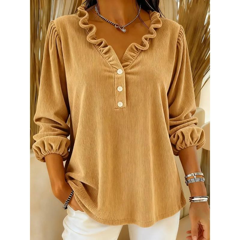 Womens Corduroy Ruffle V Neck Long Sleeve Casual Blouse