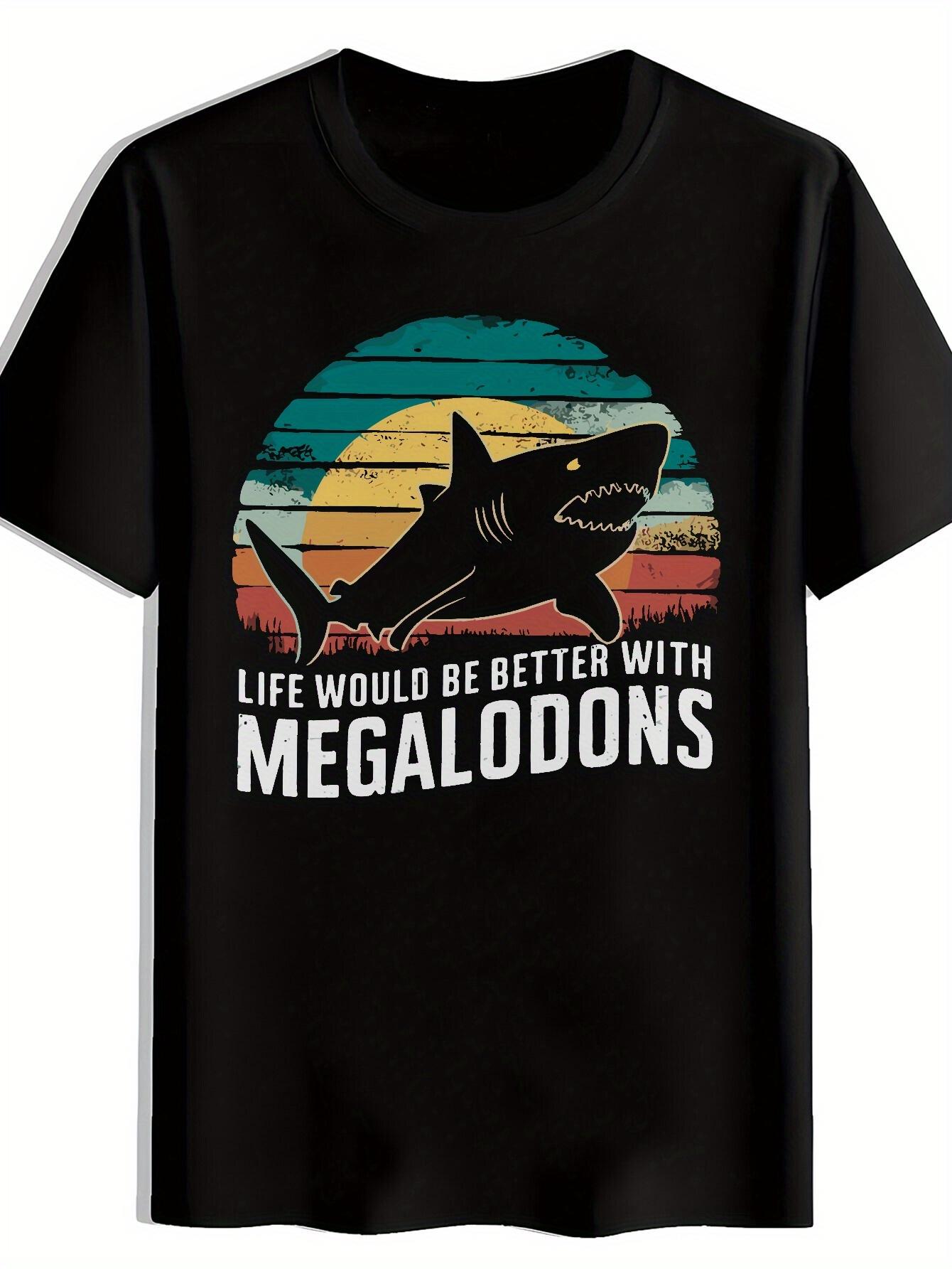 T-shirt Casual Crew Neck with Shark Silhouette & Gradient Background - Life Would Be Better with Megalodons Blue Print L