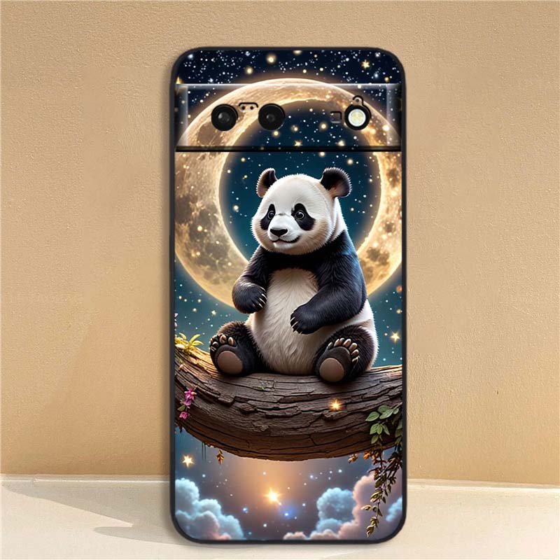 Cartoon Anime Panda Cute Phone Case For Google Pixel 10 9a 9 8A 8 7 7A 6 6A Pro XL 2024 5G Black Soft TPU Silicone