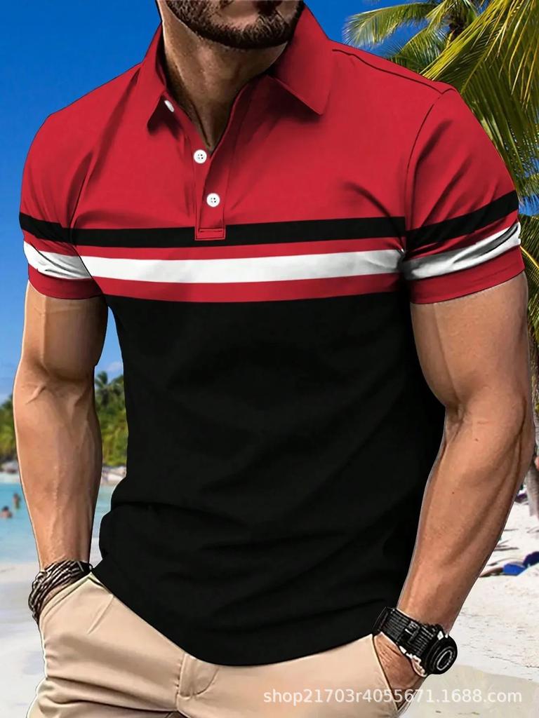Men's Short-sleeve Striped Polo Shirt, Stylish for Casual Daily Wear.