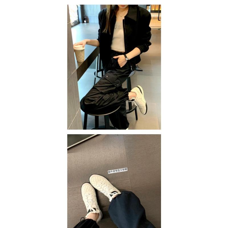 Sheepskin version~ rhombus tire cowhide lace-up casual sports shoes women's tide leather platform running shoes board shoes