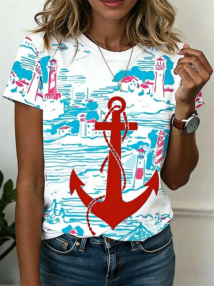 Summer Anchor Stripe 3D Print T-Shirts Women Casual Short Sleeve Round Neck T Shirt Harajuku Y2K Tees Top Female Street Clothing