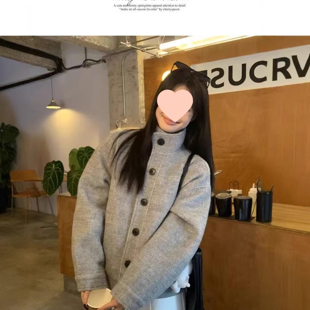 American Retro Gray Wool Blend Stand Collar Jacket - Women's Casual Autumn/Winter Top
