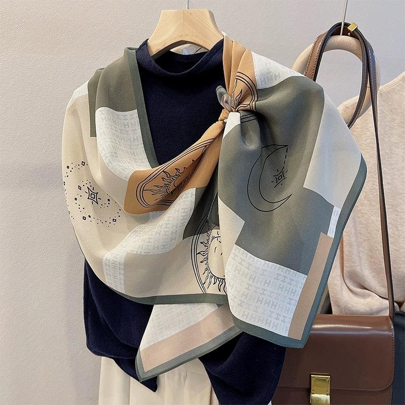 Fashion new long silk scarf women's Korean version line printing simulation silk medium length thin scarf sunscreen shawl