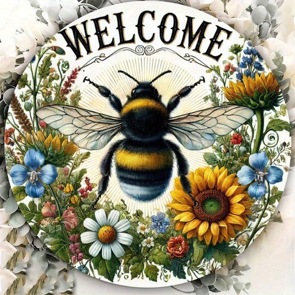 Round Metal Tin Sign 8x8 Inch Bee Flower Vintage Wall Art for Bar