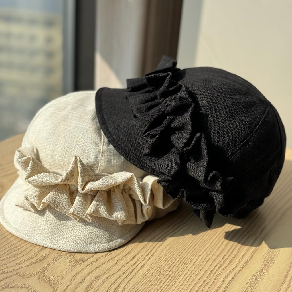 Korean-style Niche Design Cotton-linen Pleated Newsboy Cap, Fashionable Face-slimming Duckbill Cap for Women, Ladylike Beret